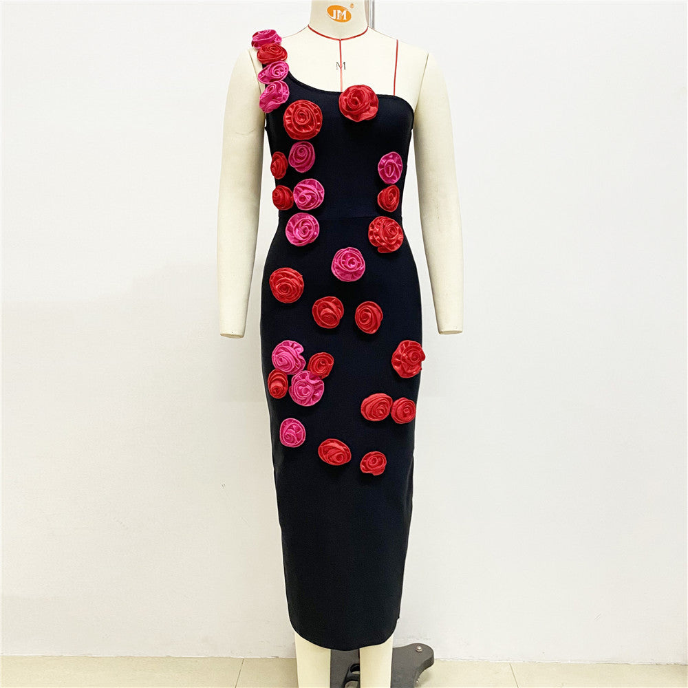 Summer Three Dimensional Floral Decoration One Shoulder Sleeveless Bandage Dress Party Dress