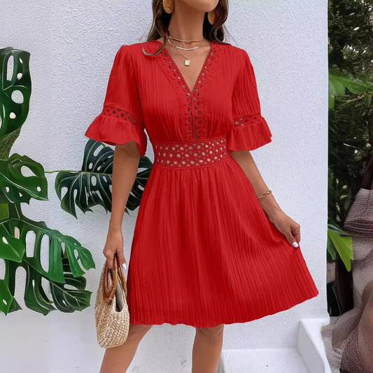 Women Clothing Summer Patchwork Lace V Neck Tight Waist Solid Color Dress