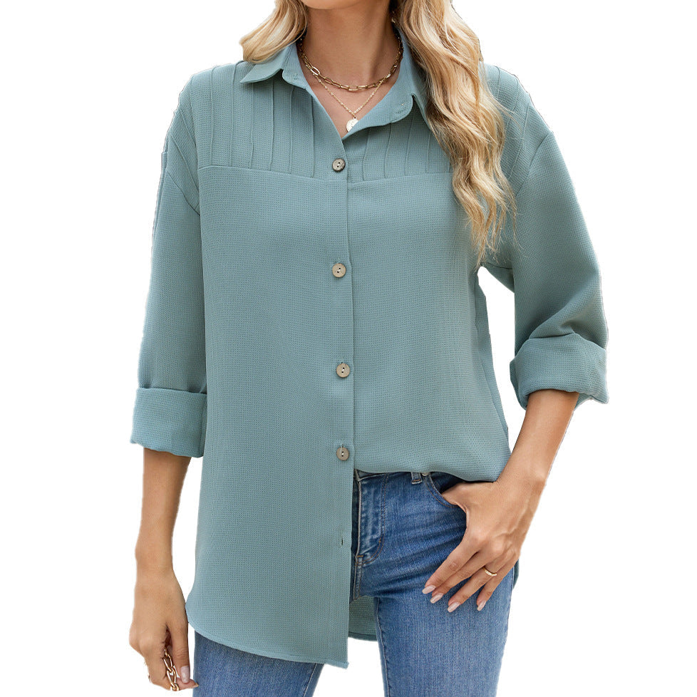 Autumn Winter Solid Color Stripes Collared Button Long Sleeve Loose Fitting Shirt Women