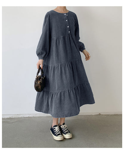 Women Clothing Japanese Korean Loose Denim Dress Long below the Knee Casual All Match Shirt Dress