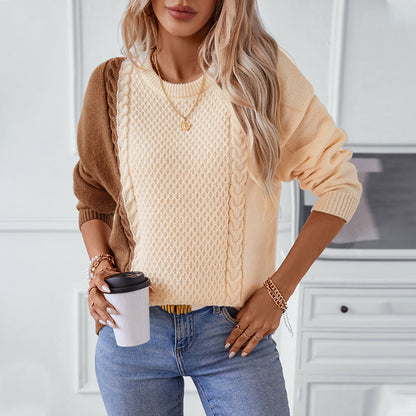 Contrast Color Sweater Women Autumn Winter Round Neck Twisted Long Sleeved Sweater Top Women