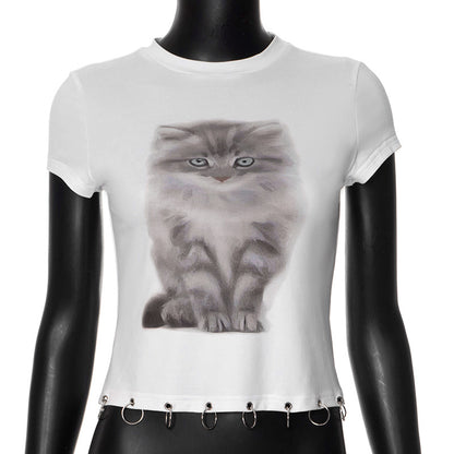 Sexy Sweet Spicy Special Interest Design Cute Cat Print Short Cropped Exposed Shoulder Top Women