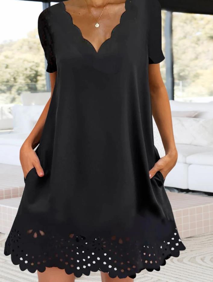 Women Homewear V neck Hem Hollow Out Cutout Pocket Dress