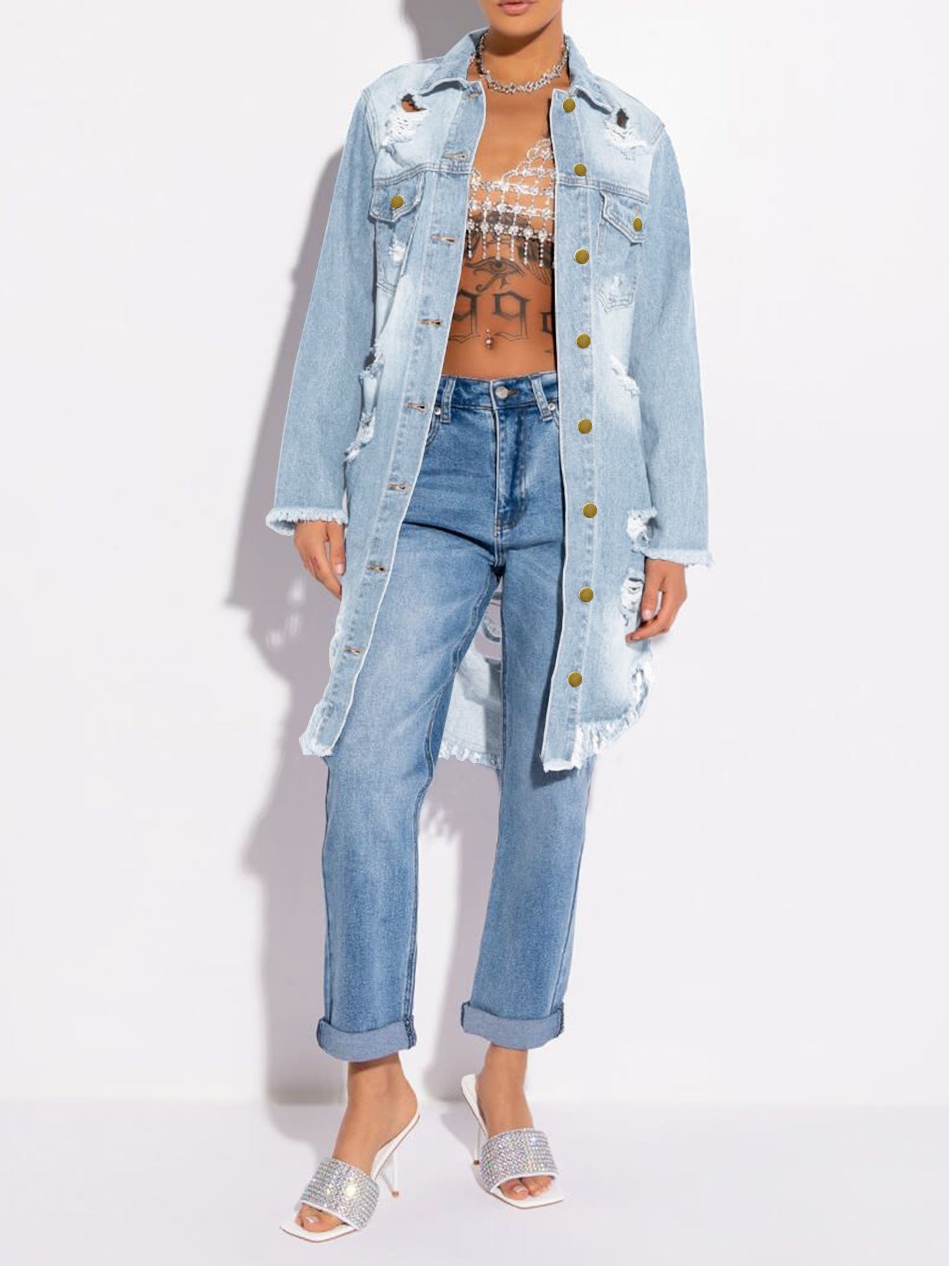 Denim Jacket Ripped Mid Length Tearing Wind Women Cowboy Coat