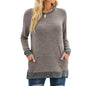 Women Clothing round Neck Multicolor Pocket Long Sleeve Pullover Top Loose-Fitting Casual T-shirt