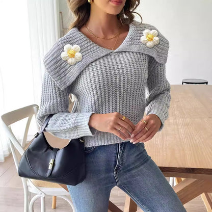 Women Short Top Crocheted Slicing Sweater Women Clothing Autumn Winter Large Collared Pullover Sweater