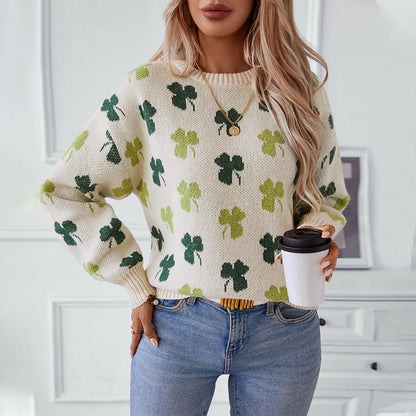 Clover Jacquard Pullover Women Sweater Autumn Winter Loose Long Sleeve Sweater for Women