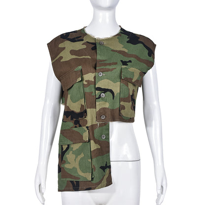 Spring Summer Camouflage round Neck Sleeveless Personality Vest Women Long Short Top