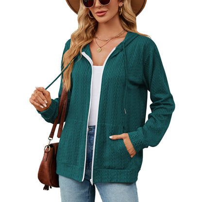 Autumn Winter Loose Long Sleeve Hooded Zip Cardigan Pocket Sweatshirt Women