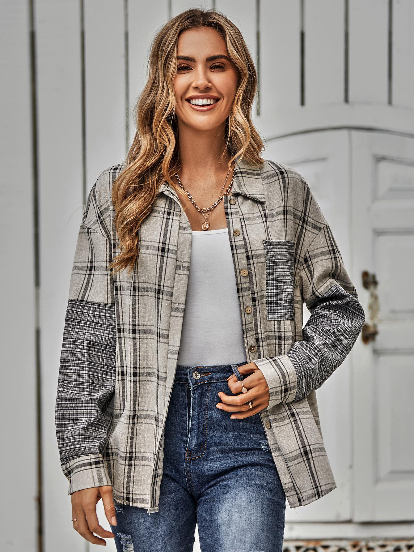 Autumn Winter Casual Women Clothing Single Breasted Plaid Stitching Shirt Women