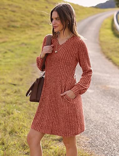 Women Clothing V Neck Pocket Sunken Stripe Brushed Long Sleeve Casual Dress