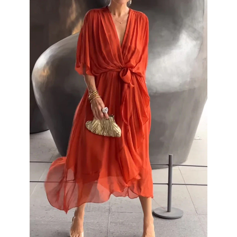 Women Clothing Solid Color Tied Maxi Dress Batwing Sleeve Irregular Asymmetric Dress