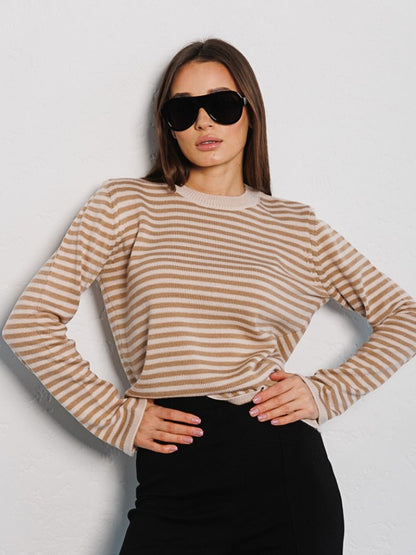 Striped Sweater Autumn Trendy Thread Contrast Color round Neck Knitted Striped Sweater