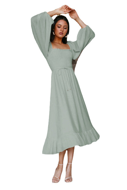 Autumn Square Collar Pleated Lantern Sleeve Women Wear High Sense Elegant Ruffle Dress