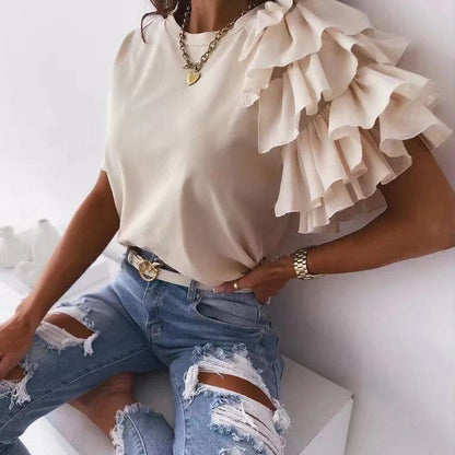 Korean Elegant Simple Ruffled Petal Short Sleeve Asymmetric round Neck T shirt for Women