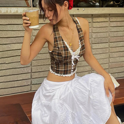 Women Clothing Summer Sexy French Sweet Vintage Plaid Halter Vest Top