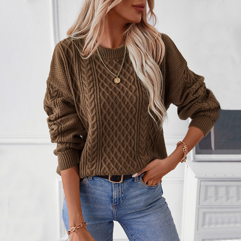 Twisted Cable Knit Pullover Women Sweater Autumn Winter Retro Crew Neck Solid Color Sweater