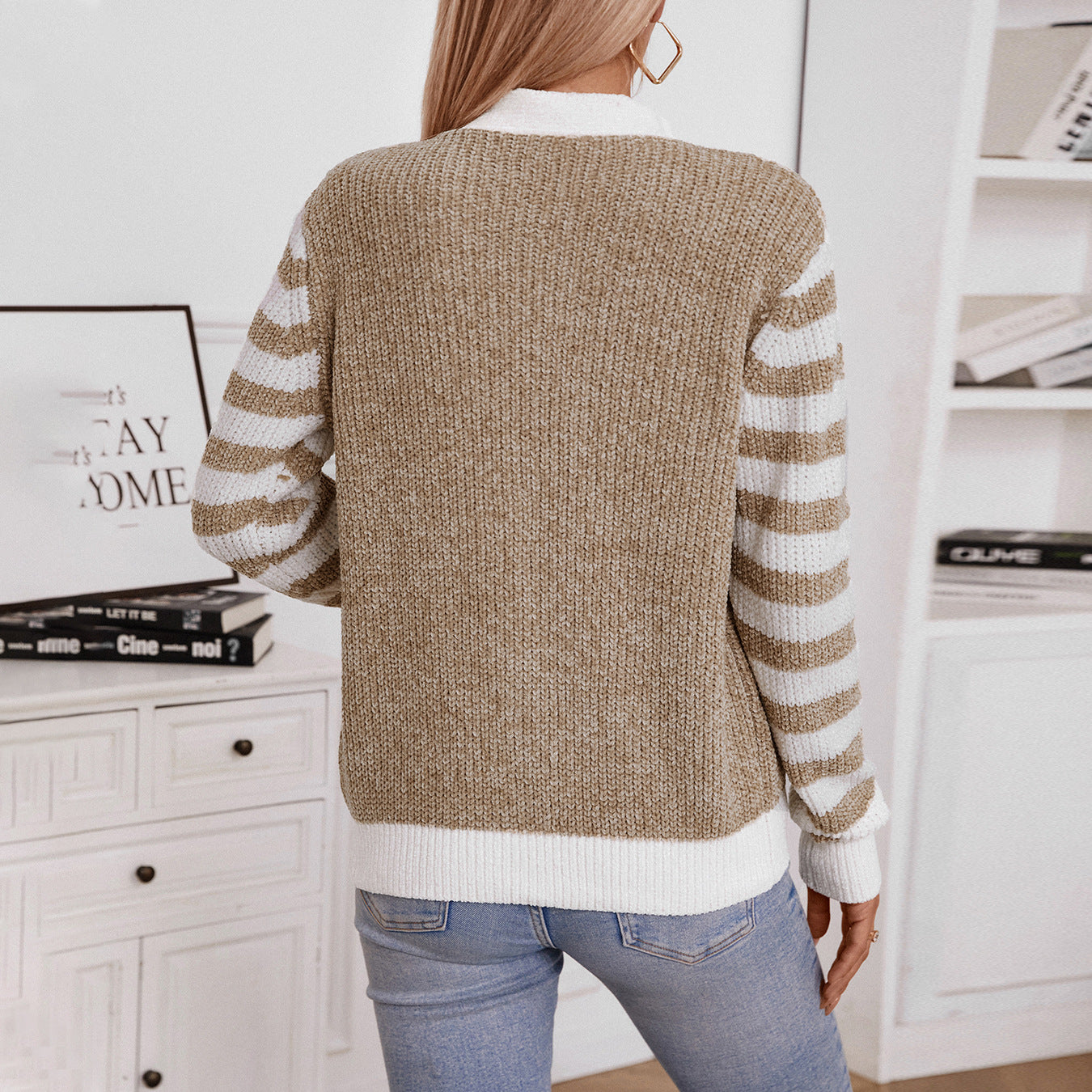 Striped Button Knitted Cardigan for Women Autumn Winter Casual Loose Sweater Women Coat