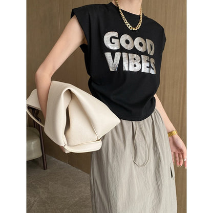 Tone Sequined Letters Niche Sweet Cool Pleated Waist Tight Sleeveless Jacket Short Sleeved T Shirt Short