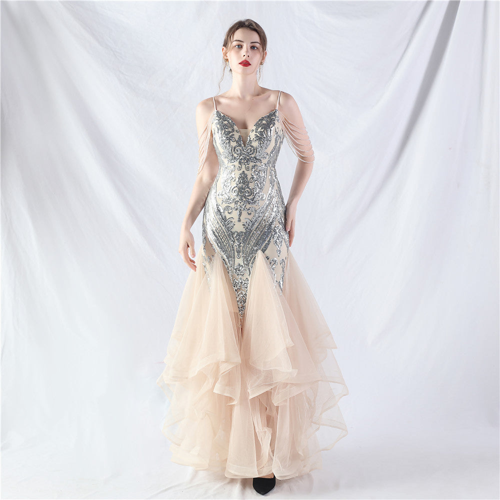 Craft Beads Hard Net Positioning Floral Sequin Stitching Mesh Dance Celebration Performance Dress