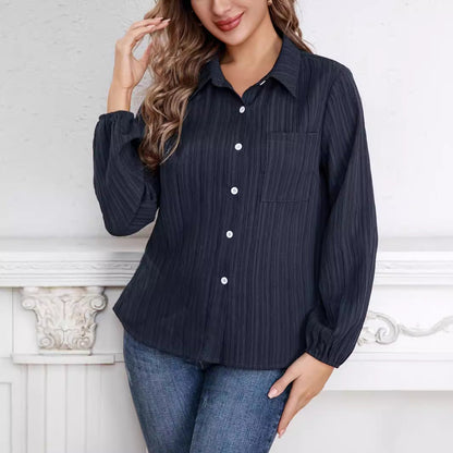 Blue Striped Polo Collar Shirt Women Loose Slimming Casual Shirt Autumn Top