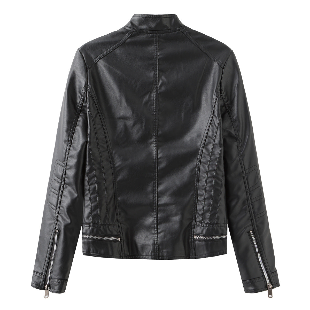 Casual Leather Jacket Spring Autumn Women Leather Jacket Long Sleeve Zipped Stand Collar Coat