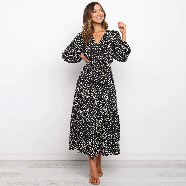 Print Long Sleeve Loose Pleated Dress Women Clothing