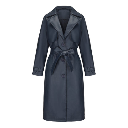 Spring Autumn Women Trench Coat Long Loose Jacket Faux Leather Coat Women Oversize Classic Turn down Collar Coat Containing Belt