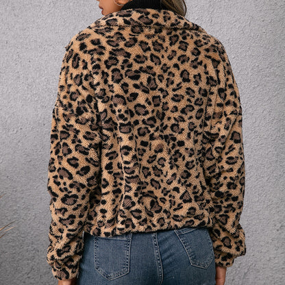 Leopard Print Collared Zipper Furry Jacket Long Sleeve Fleece Sweatshirt Coat Women