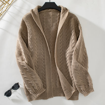 Autumn Winter Solid Color Hooded Knit Cardigan Women Retro Loose Long Sleeve Sweater Coat Women