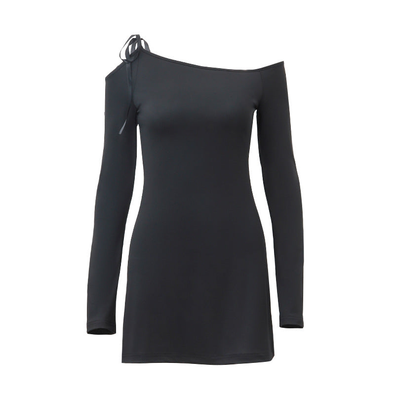 Fall Women Clothing Sexy Diagonal Collar Cold Shoulder Elegant Stitching Tied Long Sleeve Dress