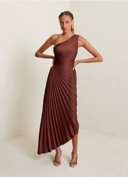 Women Clothing One Shoulder Sun Pleated Satin Dress