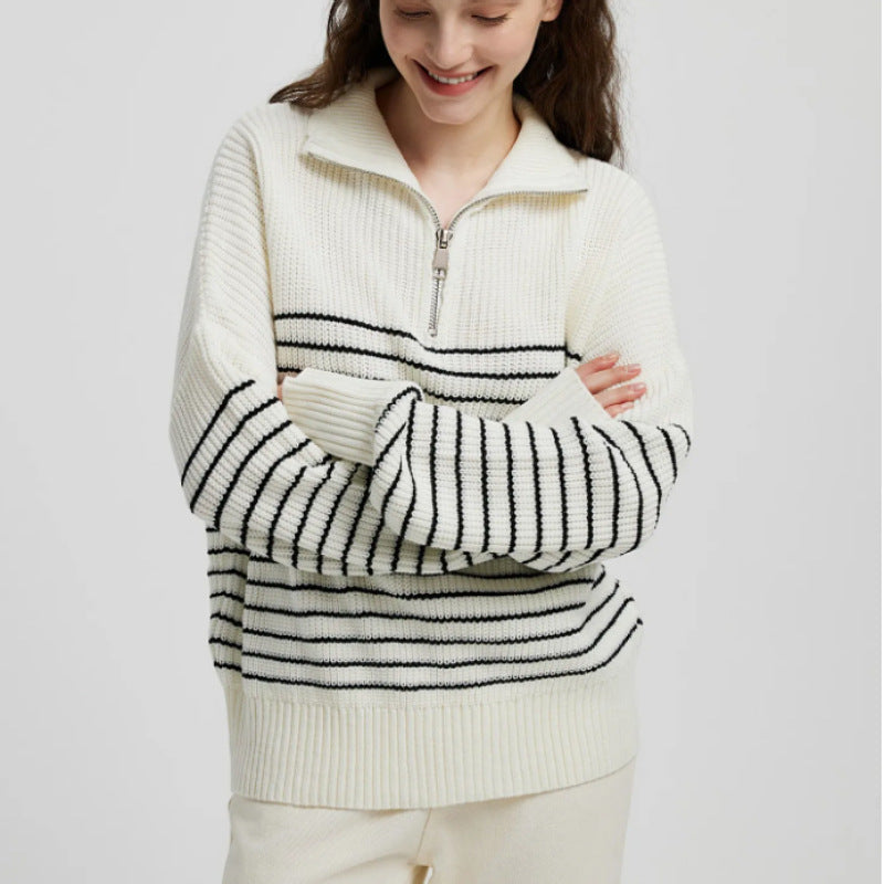 Autumn Winter Women Clothing Turtleneck Striped Color Matching Long Sleeve Zipper Pullover Knitted Sweater Women