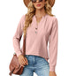 Autumn Winter Solid Color V neck Buttons Jacquard Loose Fitting Long Sleeved T shirt Top Women