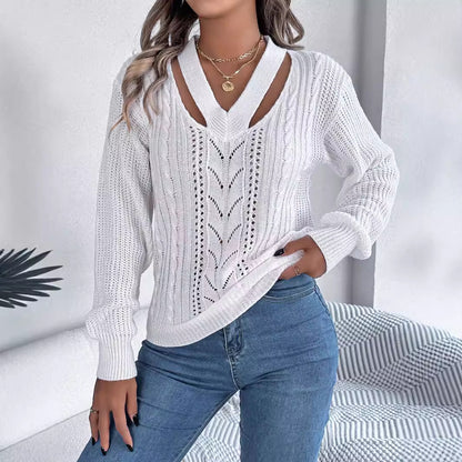 Autumn Winter Casual Hollow Out Cutout Out V Neck Twist Lantern Sleeve Pullover Sweater Women Clothing