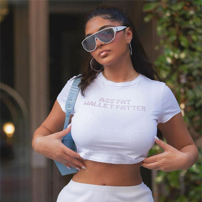 Women Clothing Round Neck Sexy Cropped Short Sleeve Letters Rhinestone Cropped Top T shirt