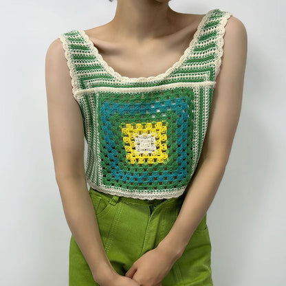 Hollow Out Cutout Square Knitted Vest Women Summer Outdoor Sleeveless Sling Top