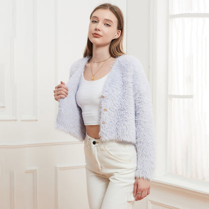 Women Knitted Mink Like V neck Cardigan Short Coat Top Casual Soft Sweater Women