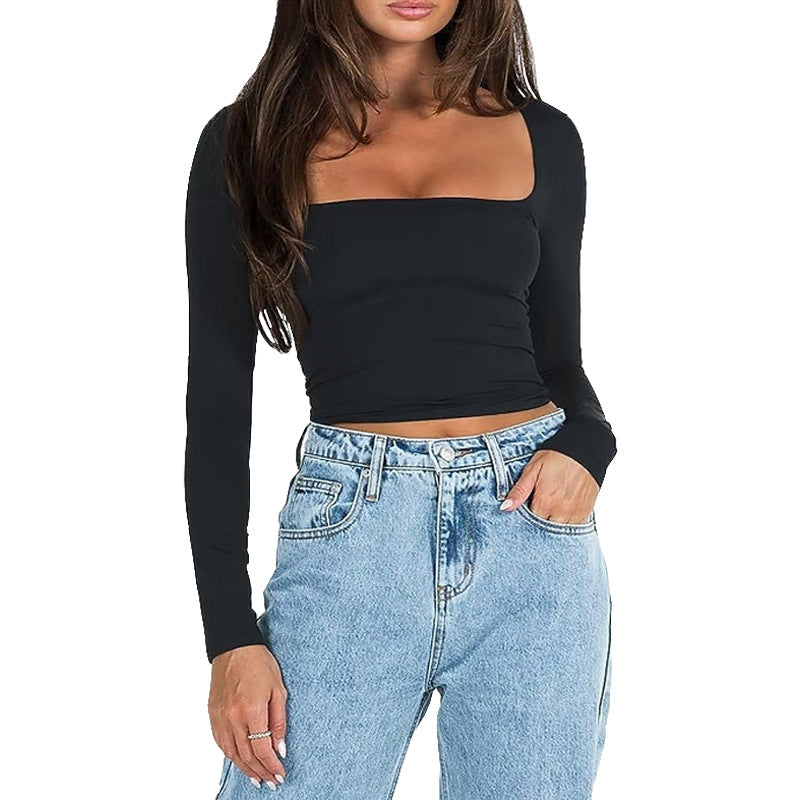 Square Collar Cropped Casual Simple T shirt Sexy Slim Long Sleeve Bottoming Top for Women