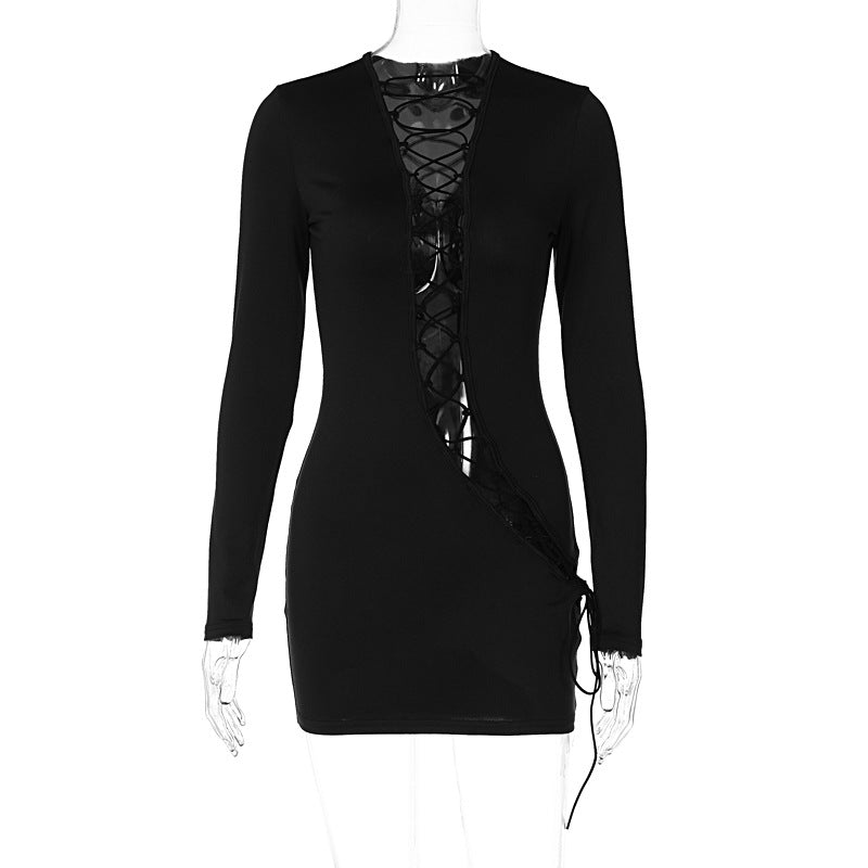 Women Clothing Autumn Winter Beveled Hollow Out Cutout out Tied Sexy V neck Long Sleeved Sheath Dress