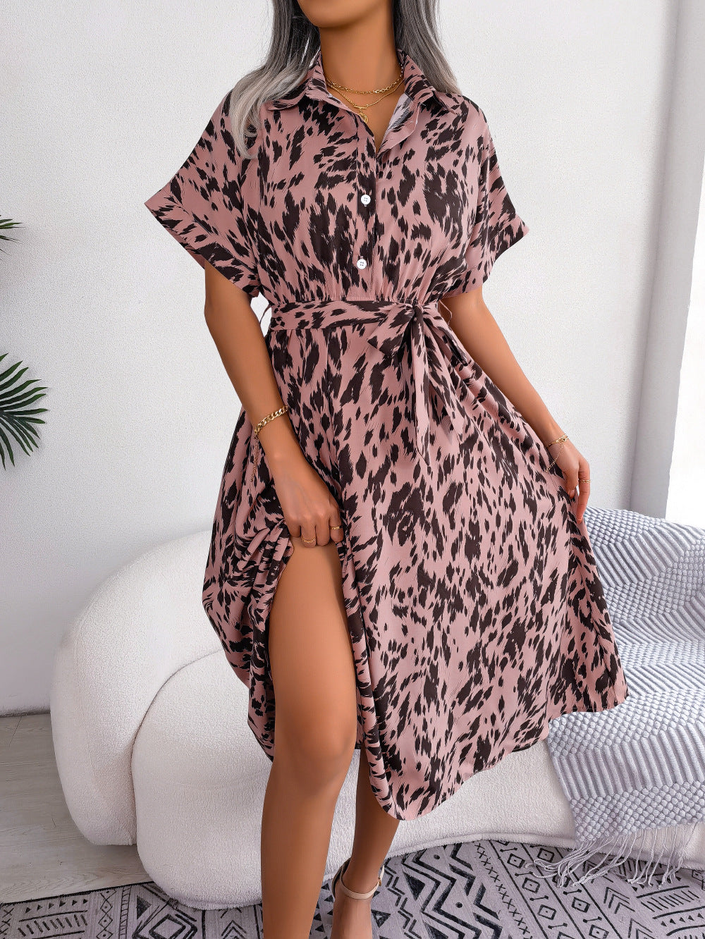 Summer Casual Loose Leopard Print Lace Up Dress Women Clothing