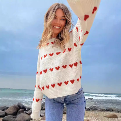 Autumn Winter Sweet Cute Love Heart Two Color Jacquard Contrast Color round Neck Long Sleeve Sweater Pullover