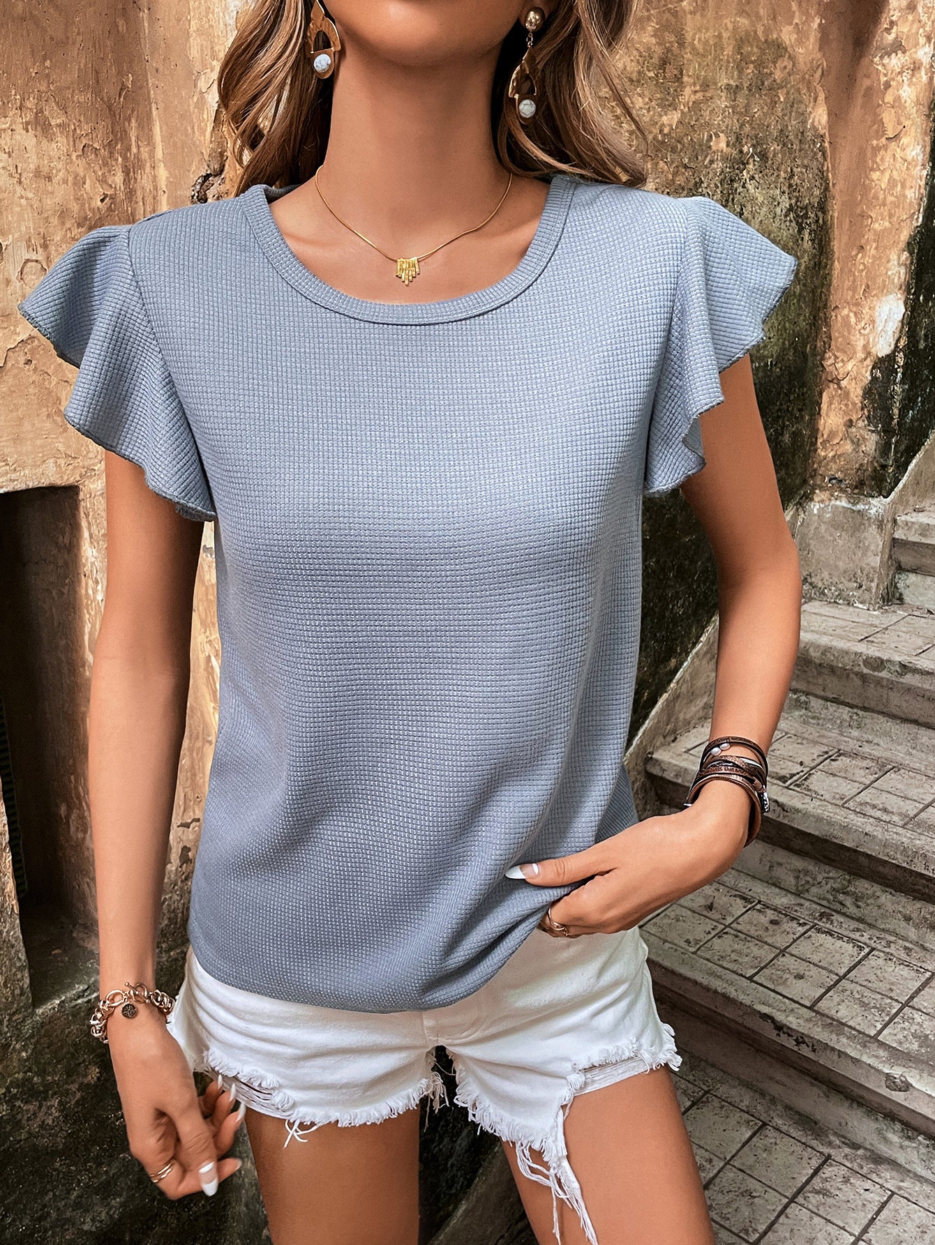 Women Clothing All Match Solid Color round Neck T shirt