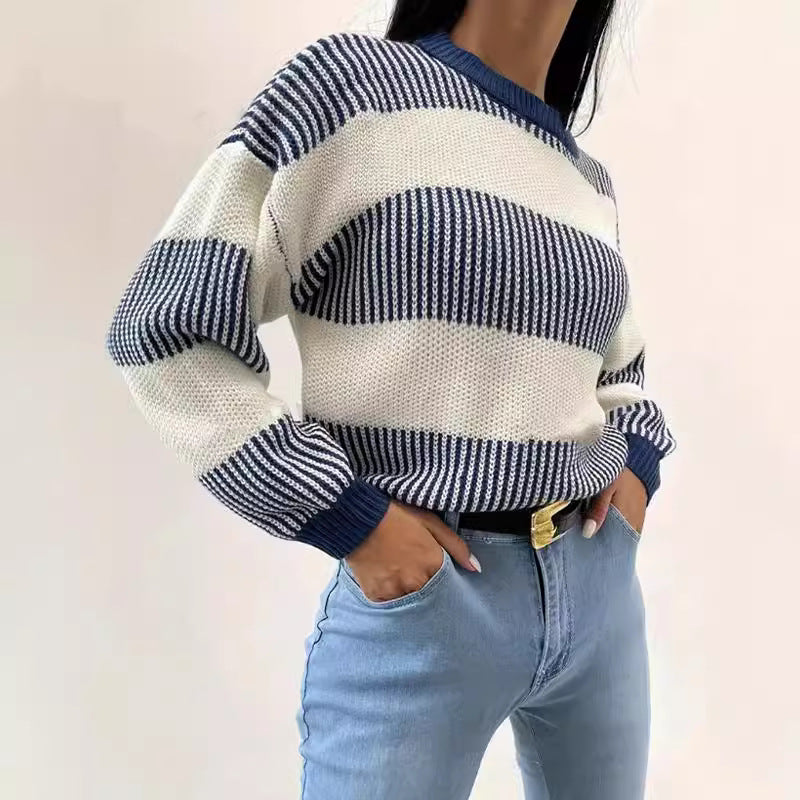 Women Pullover Blouse Autumn Winter Casual Loose Classic Contrast Color Striped Color Matching Sweater for Women