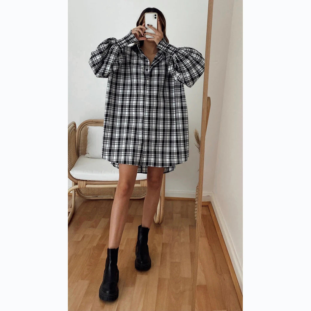 Casual Years Autumn Winter Plaid Lantern Sleeve Long Sleeve Shirt