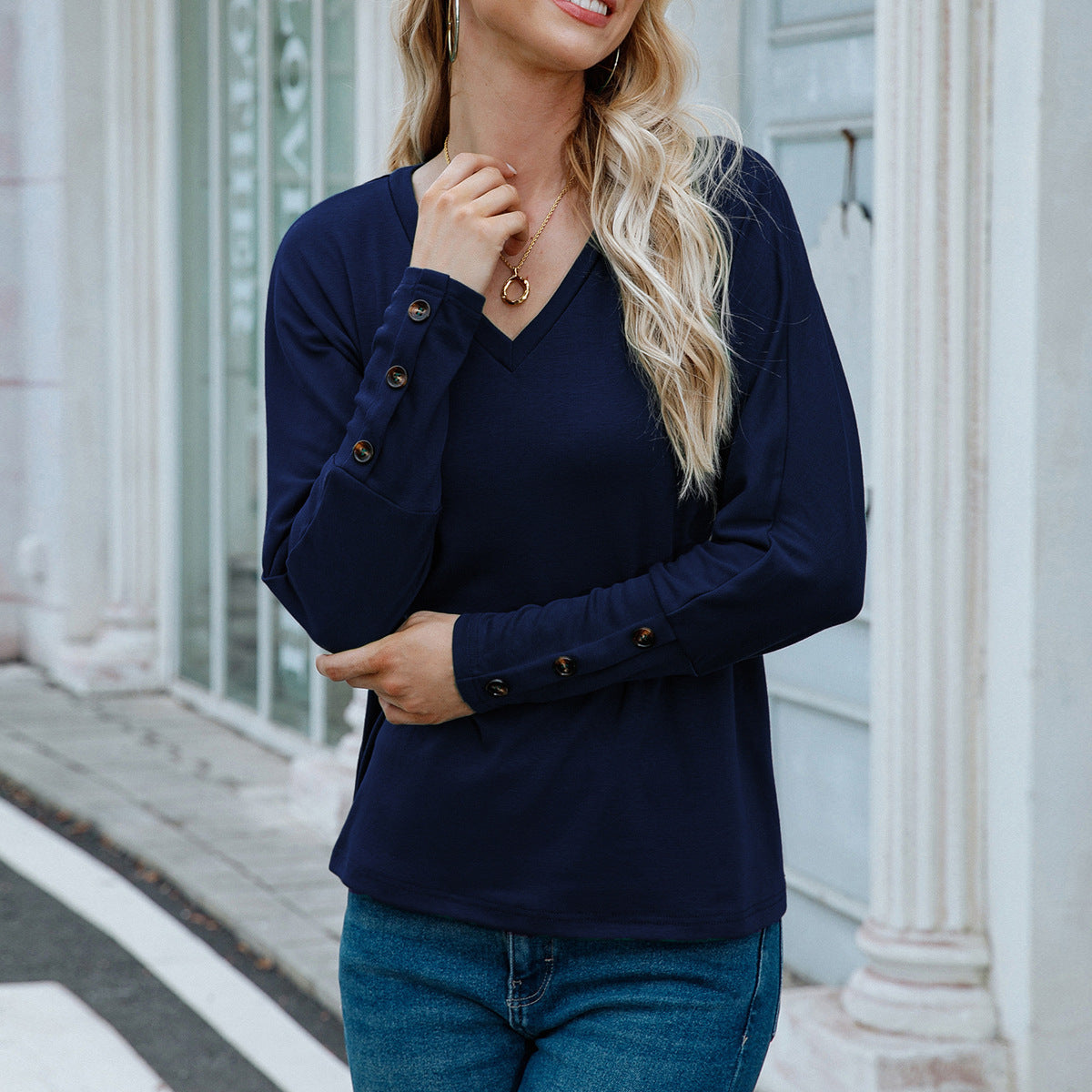 Women Clothing V neck Long Sleeved T shirt Solid Color Buttons Top