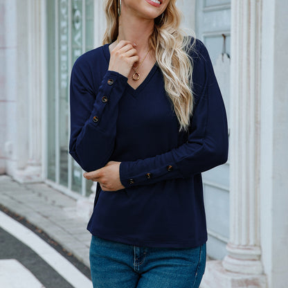 Women Clothing V neck Long Sleeved T shirt Solid Color Buttons Top