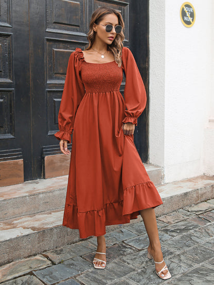 Women Clothing Autumn Winter Casual Ruffled Square Collar Large Swing Dress Maxi Dress