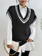 College Contrast Color Stripe Stitching Deep V Plunge Neck Vest Women Clothing Color Matching Beaded Vest Sweater Vest