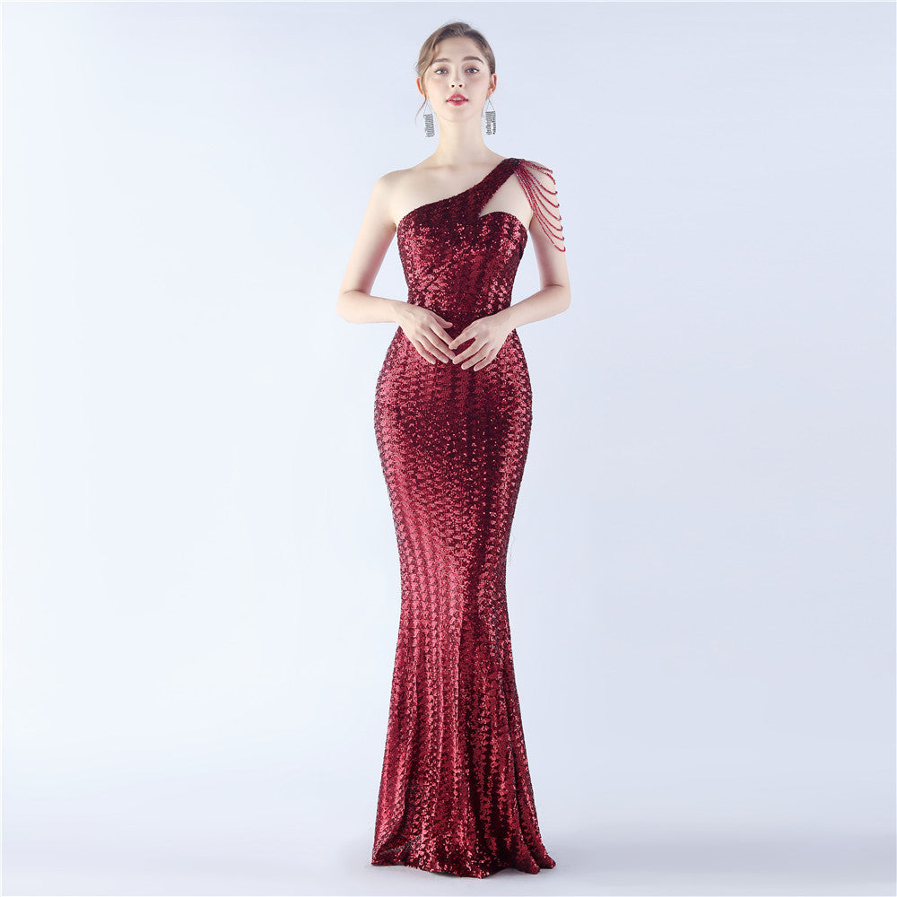 Magic Color Sequin Craft Beaded Shoulder Diagonal Collar High End Slim Fit Evening Dress